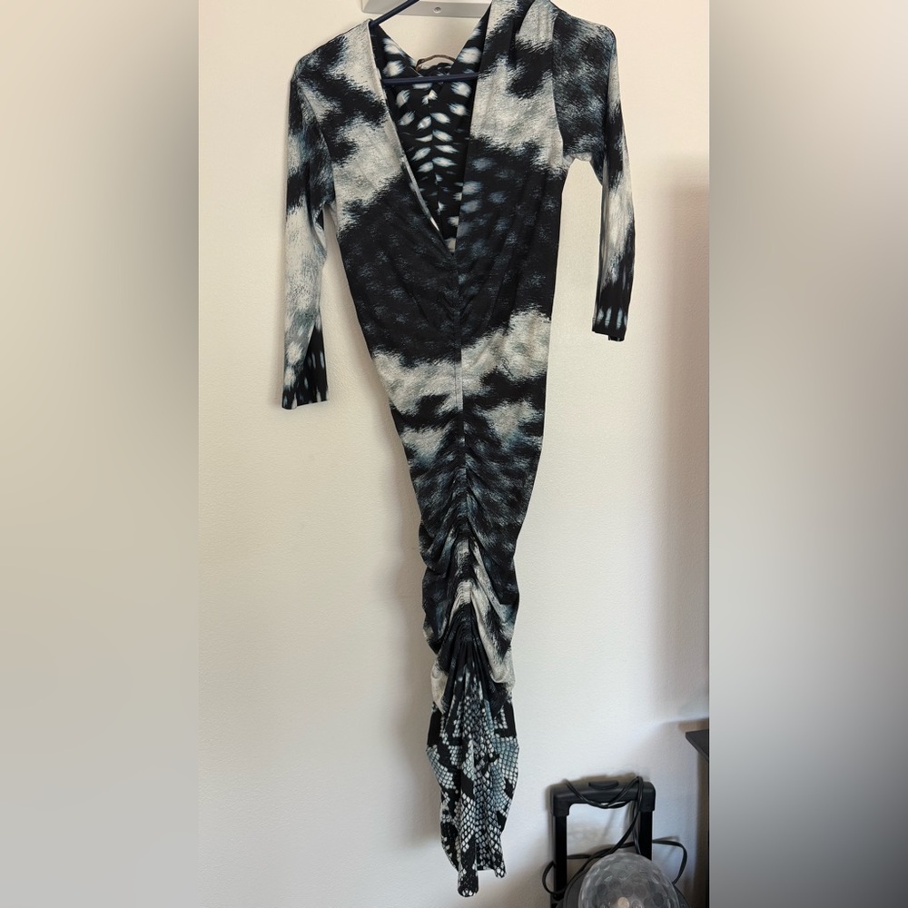 ROBERTO CAVALLI Black,White and blue animal/snake print V-neck Bodycon Dress